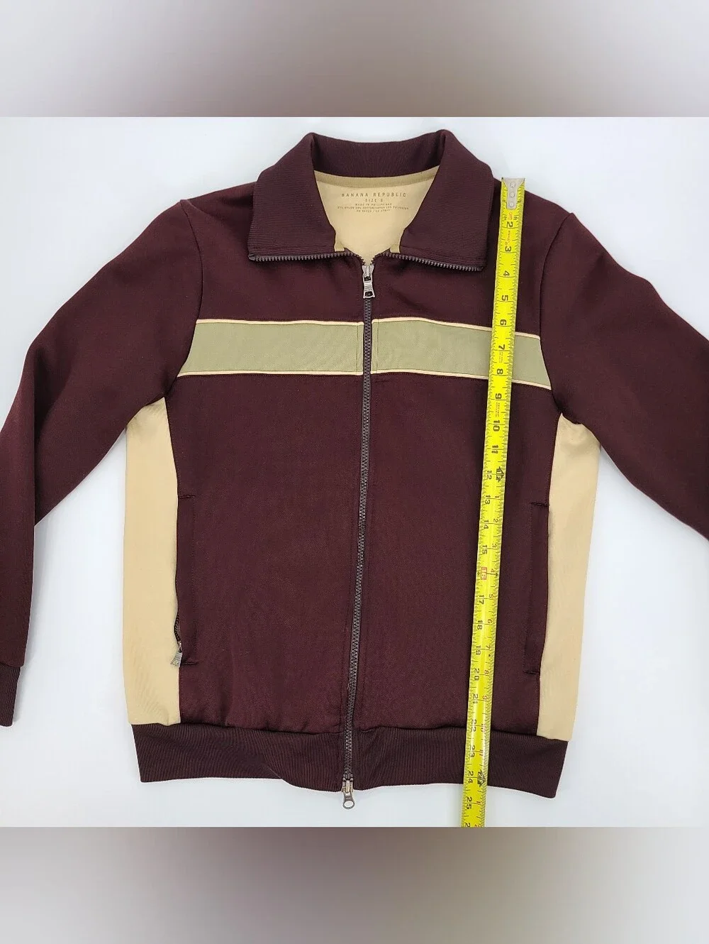 Y2K 2004 Banana Republic Maroon and Beige Fleece Zip Track Jacket Size Small